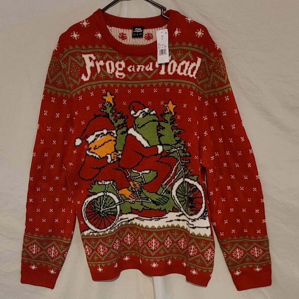 Frog and Toad Graphic Christmas Sweater For Men, Large, Red, Green,  & White